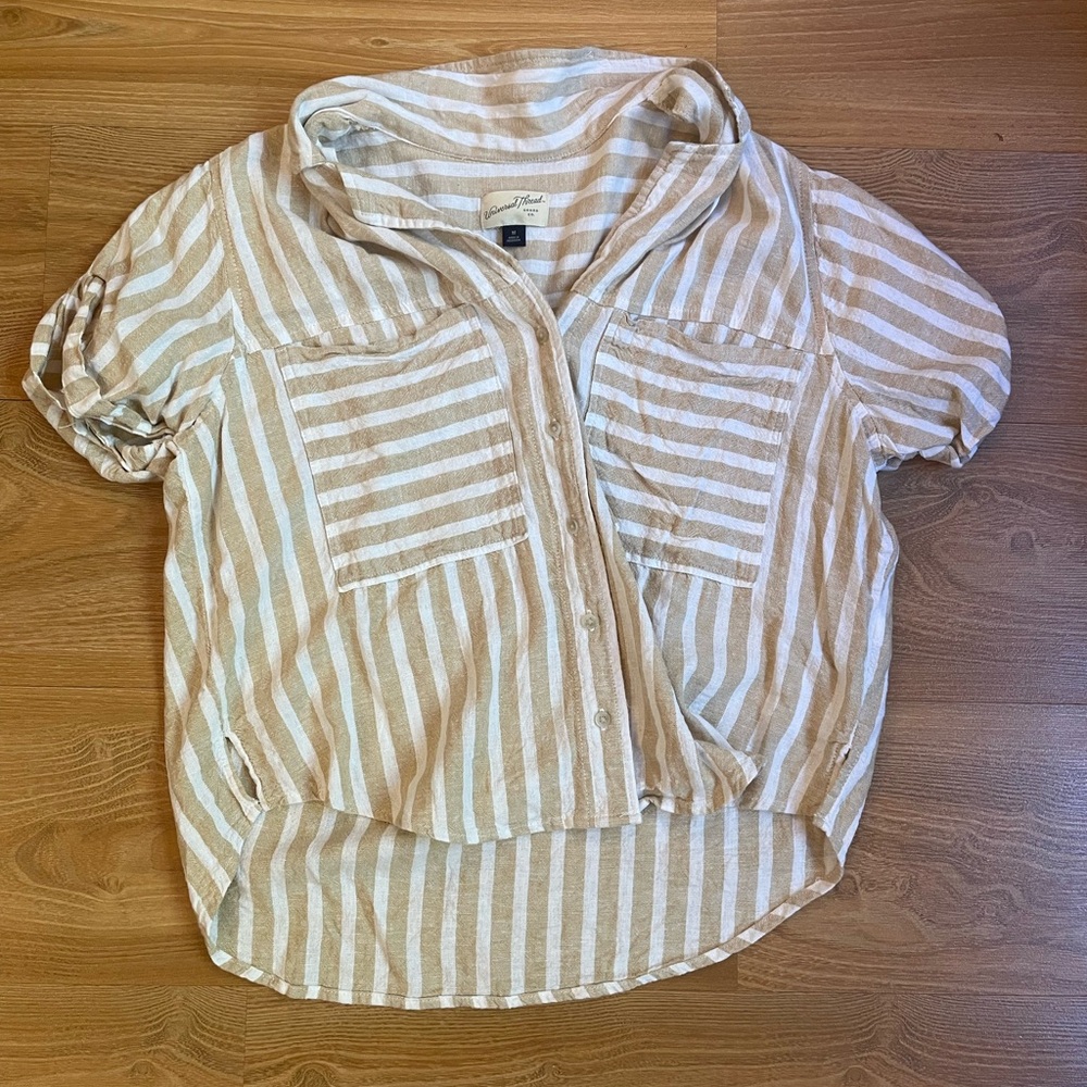 Universal Thread Striped Button-Down Linen Blend Shirt M